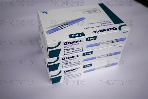 Four stacked Ozempic medication boxes on a light-coloured background, for diabetes 2 patients, Stuttgart, Baden-Wuerttemberg, Germany, Europe