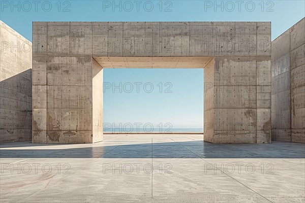 Expansive concrete structure with a central opening framing the horizon line under a blue sky, AI generated