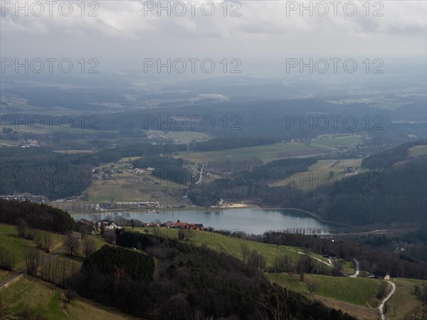 View of the Stubenbergsee lake and the East Styrian hills, Berg Kulm, Puch bei Weiz, East Styria, Styria, Austria, Europe