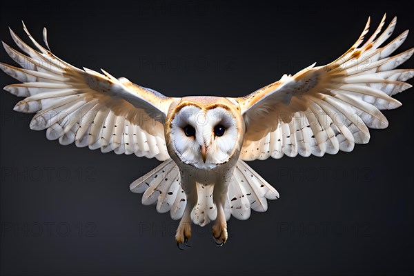 Barn owl in flight embodies mysterious and ghostly beauty, isolated in front of black background, AI generated