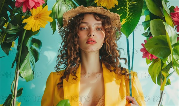 Fashionable woman in yellow with a summer hat surrounded by flowers AI generated