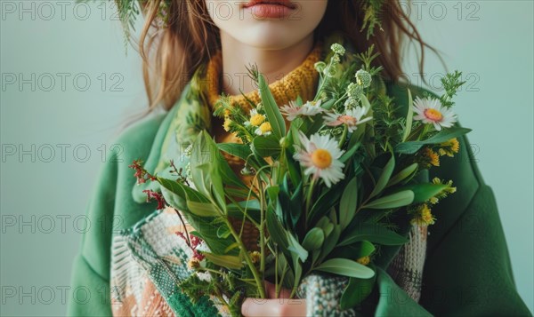 Close-up of a woman holding a lush bouquet, wrapped in a green scarf AI generated