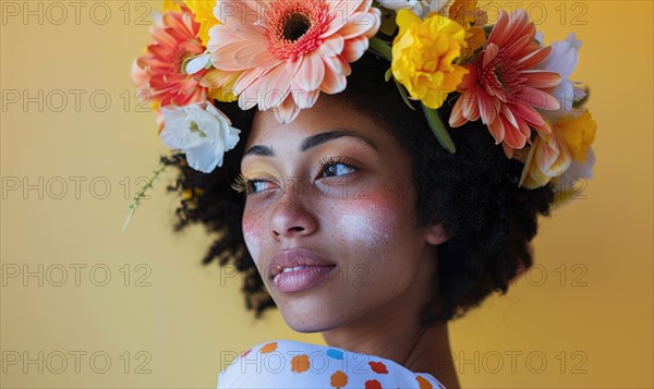 Portrait of a cheerful woman adorned with a vibrant floral headpiece AI generated