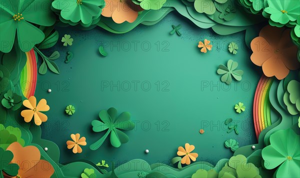 Gentle clover shapes in pastel tones with rainbows create a soft, textured green paper scene AI generated