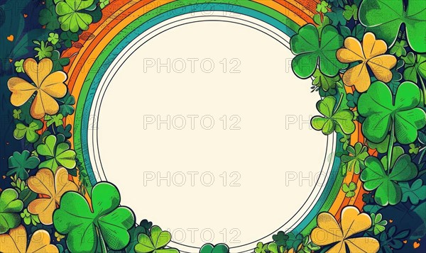 Vintage-inspired illustration featuring a circular frame, rainbow, and shamrocks on a dark background AI generated