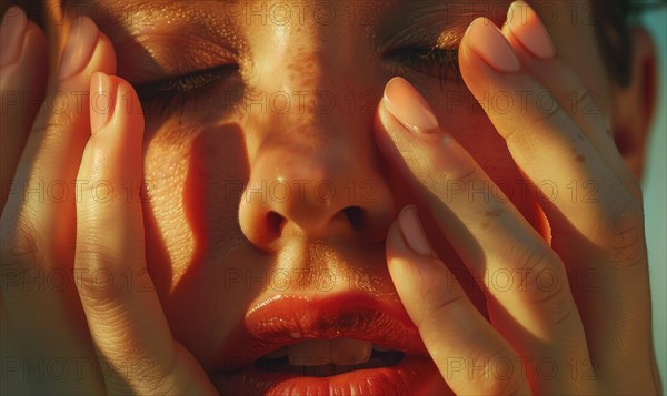 Close-up of a woman partially hiding her face with hands, wearing red lipstick AI generated