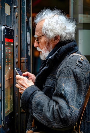 An elderly gentleman with grey hair, glasses and a thick winter coat, looks at the screen of his smartphone and a larger screen to compare data, AI generated, AI generated