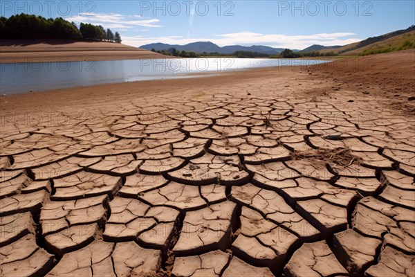 Dry cracked up earth with small dried up lake in background. Concept for drought and water shortage due to climate change and global warming. KI generiert, generiert AI generated