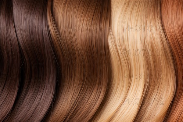 Color swatches of different hair brunette, blond and red color shades. KI generiert, generiert AI generated