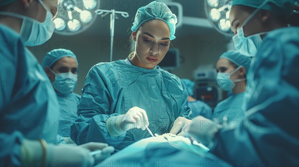 Concentrated female surgeon performing surgery with a team under bright operating room lights, AI Generated, AI generated