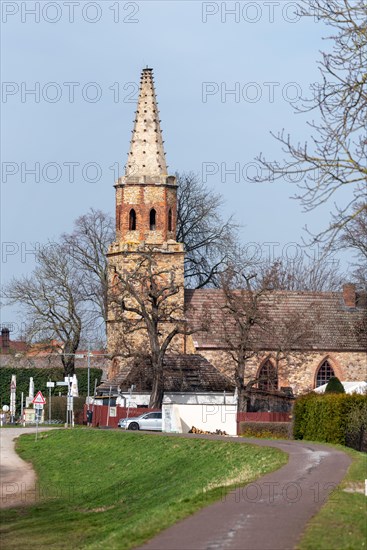 Prester Church, historic church with pointed tower, now a restaurant, Magdeburg, Saxony-Anhalt, Germany, Europe