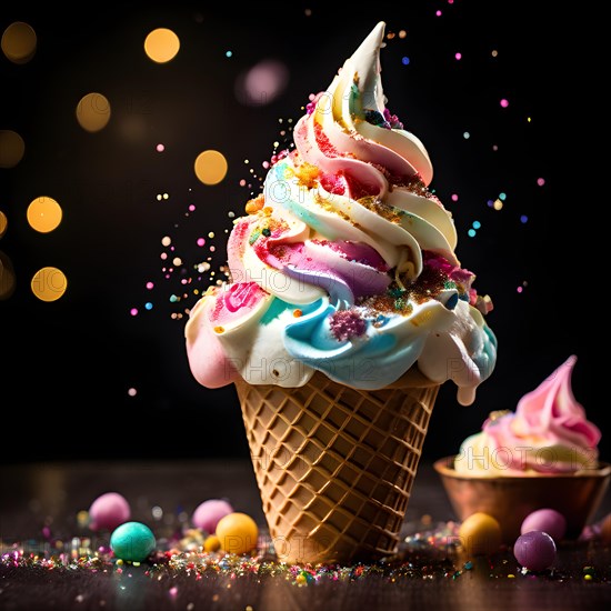 Whimsical unicorn ice cream sundae with rainbow swirls edible glitter and a golden horn, AI generated