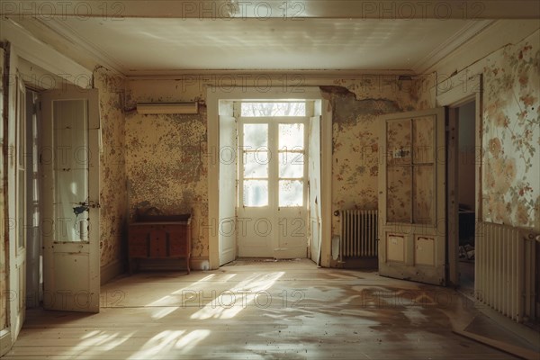 Sunlight illuminating an empty room with peeling paint and an air of decay, AI generated