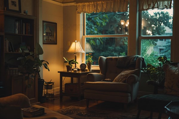 Warm and inviting living room with glowing lamp, surrounded by plants and books, evokes tranquility, AI generated