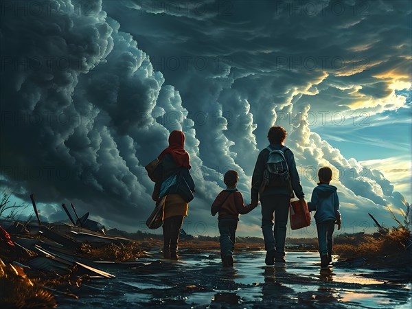 Families in mid evacuation clutching essentials dark ominous hurricane clouds in the sky, AI generated