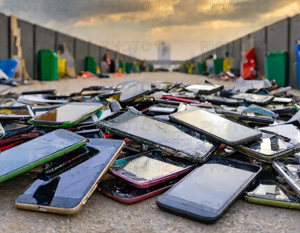 Numerous damaged smartphones lying on the ground, a recycling centre scene in the background, AI generated, AI generated