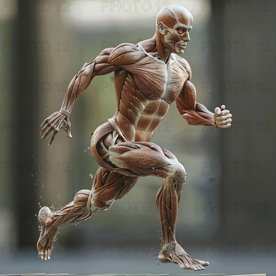 Three-dimensional anatomical model in a jumping pose with highlighted muscle structure, AI generated, AI generated