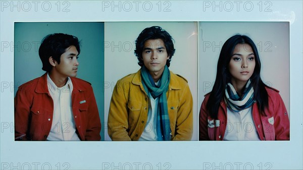 Vintage film 35mm retro portrait photo triptych of asian indonesian individual close-up portraits mounted on a wall, conveying a reflective atmosphere, AI generated
