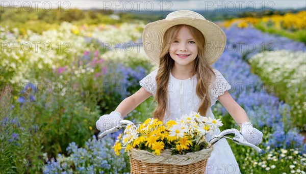 KI generated, A blonde girl rides her bike and enjoys the summer in a meadow with many flowers, Bicycle basket with flowers