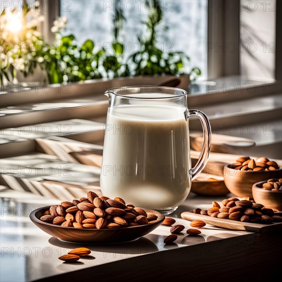 Almond milk cascades into a glass backlight from a sunlit window casting a warm glow on the scatter, AI generated