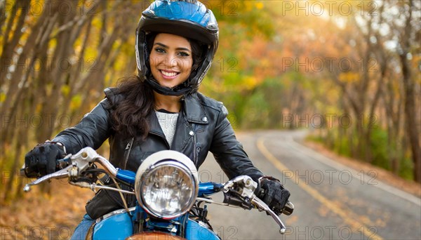 AI generated, An attractive woman rides her motorbike through an autumn landscape