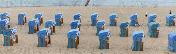 Blue beach chairs on the Baltic Sea, Kuehlungsborn, Mecklenburg-Vorpommern, Germany, Europe