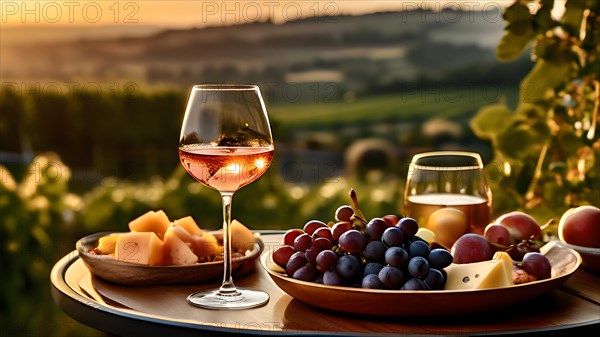 Ros wine glass showcasing its elegant curvature paired with a-diverse platter of ripe fruits, AI generated, AI generated