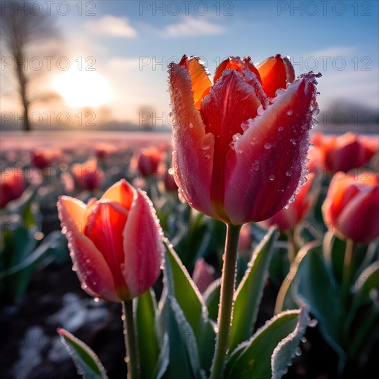 Tulip field on a frosty morning delicate petals encapsulated in fine ice embodying springs, AI generated
