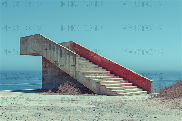 Red staircase against a calm sea and clear blue sky, exhibiting minimalist architecture, AI generated