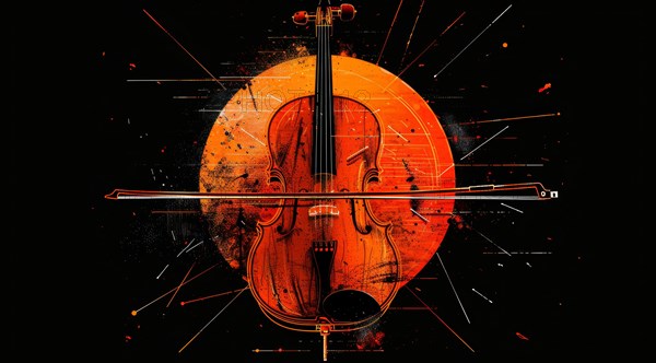 Violin forefront of a radiant orange sphere with grunge and splatter effects, ai generated, AI generated