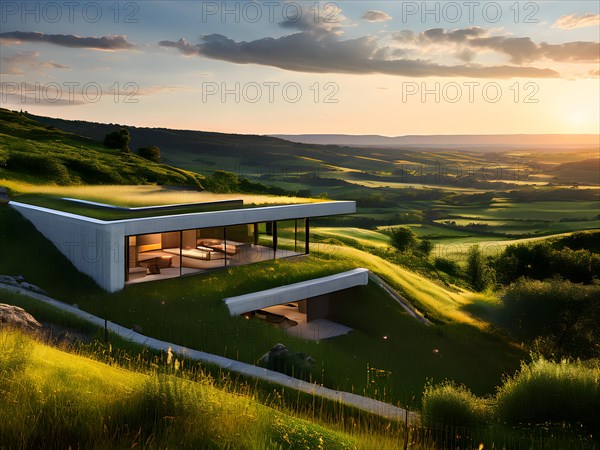 House nestled within a hillside grass blanketed roof harmonizing with the landscape, AI generated, building, architecture, modern