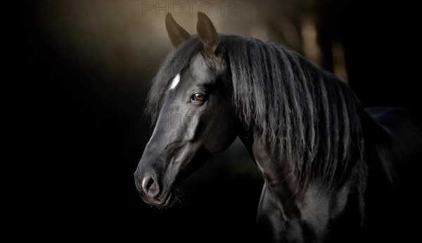 Black horse with white blaze, portrait in the last evening light, AI generated, AI generated