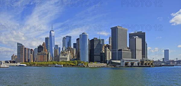 Skyline with skyscrapers in the Financial District, Battery Park in the foreground, One World Trade Centre or Freedom Tower, Hudson River, Lower Manhattan, New York City, New York, USA, North America