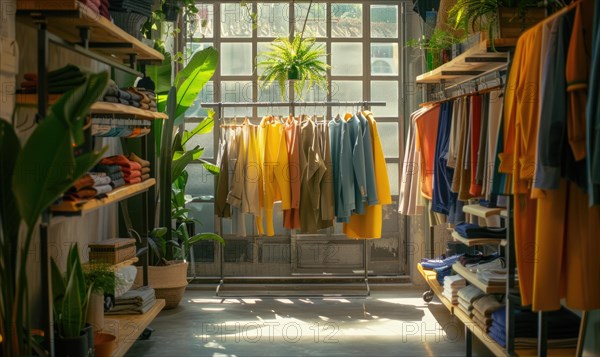 Cozy boutique interior bathed in warm light, showcasing a variety of fashionable garments AI generated