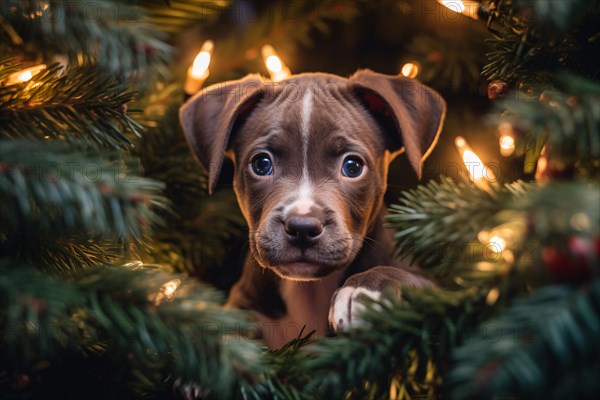 Cute young dog puppy in Christmas tree with electric lights. KI generiert, generiert AI generated