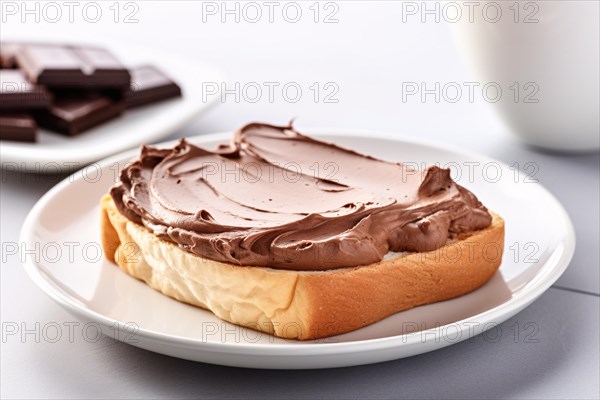 Single slice of toast bread with chocolate spread on white plate. KI generiert, generiert AI generated