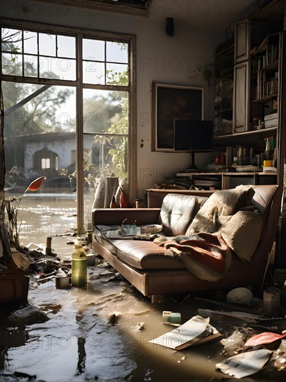 Interior of a flooded home furniture and personal items drenched, AI generated