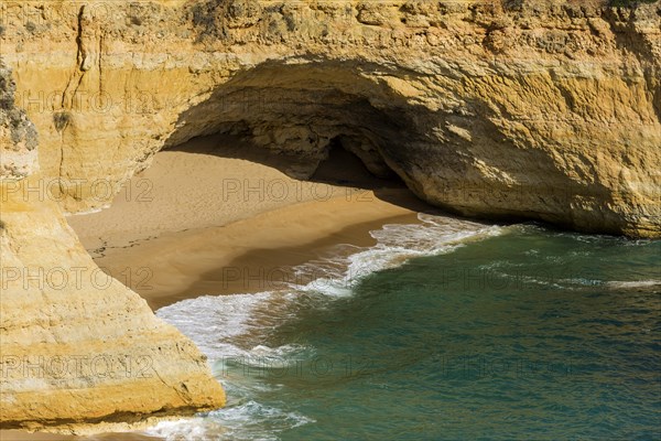 Beach section with rocky coast at the Algarve, summer holiday, weather, sunny, Atlantic, panorama, summer holiday, travel, holiday, tourism, nature, rocky, beach, bathing holiday, empty, nobody, landscape, coastal landscape, rocks, cliffs, bay, sea bay, sea, Carvoeiro, Portugal, Europe