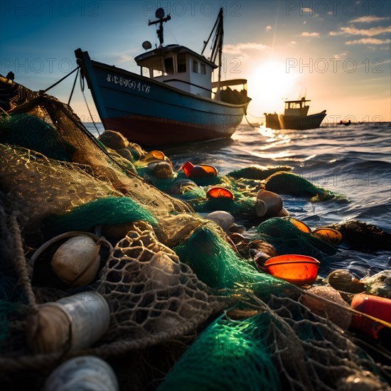 Fishermans net teeming with plastic debris overshadowing the sparse catch of fish, AI generated