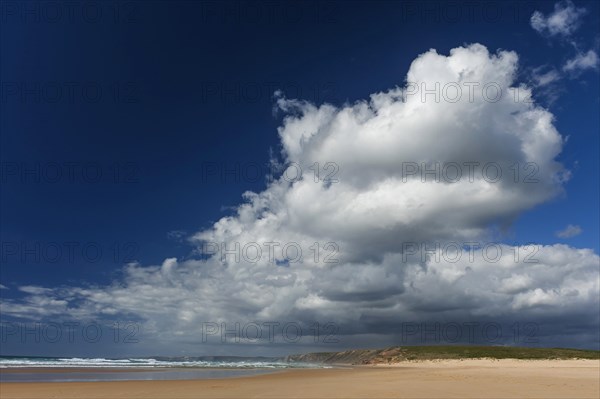 Algarve beach, wide, nobody, clear, blue sky, cloud, summer holiday, beach holiday, sea, ocean, Atlantic, Atlantic Ocean, sandy beach, coast, Atlantic coast, national park, geography, climate, travel, neutral, empty, sun, nature, natural landscape, beach landscape, surfer beach, Aljezur, Carrapateira, Sagres, Portugal, Europe