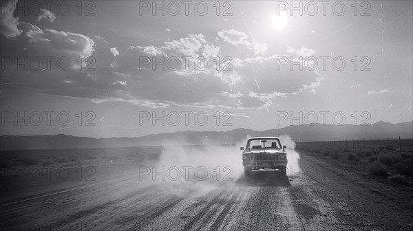 A car kicking up dust on a desolate desert road under a bright sun and scattered clouds, AI generated