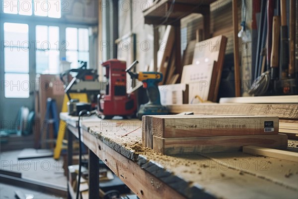 Carpentry workshop scene with focus on tools and sawdust, emphasizing detailed woodwork, AI generated