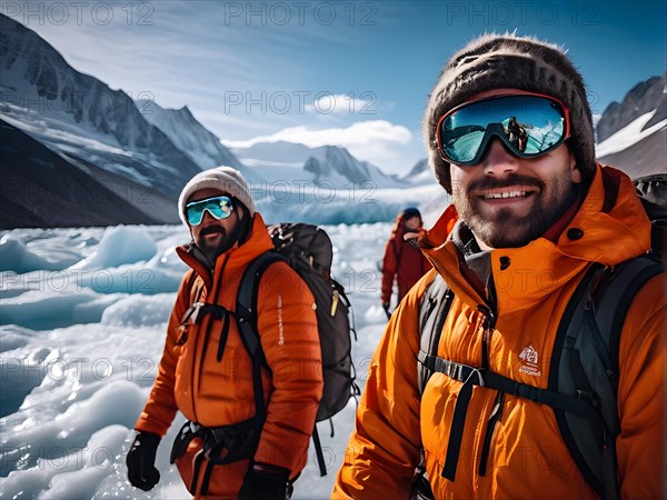 Tourists clad in vivid cold weather attire exploring the melting glaciers their expressions, AI generated