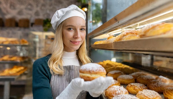 Ai generated, woman, 20, 25, years, shows, bakery, bakery shop, baquette, white bread, France, Paris, Berliner, doughnut, Europe