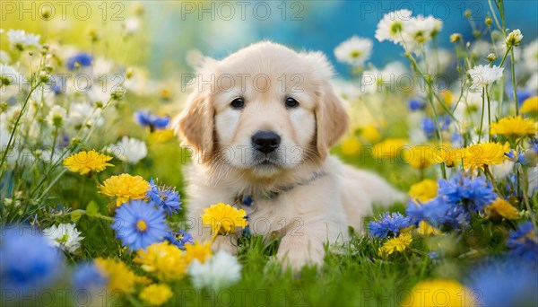 KI generated, A Golden Retriever lies in the grass of a flower meadow, young animals, animal children, (Canis lupus familiaris)