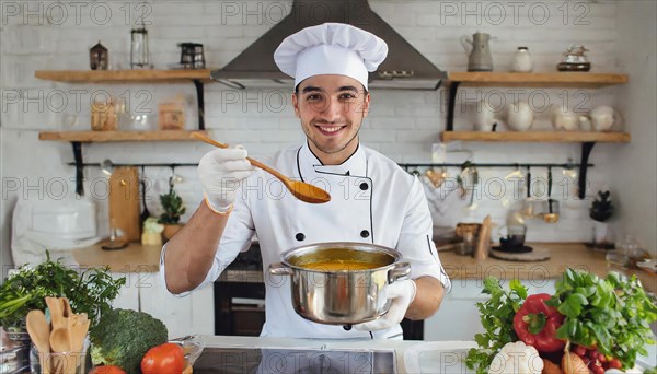 AI generated, portrait, an attractive chef in the kitchen tasting a vegetable soup