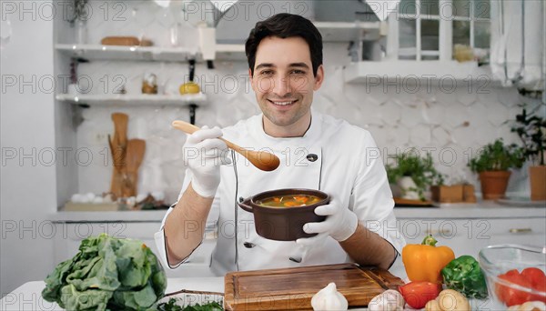 AI generated, portrait, an attractive chef in the kitchen tasting a vegetable soup