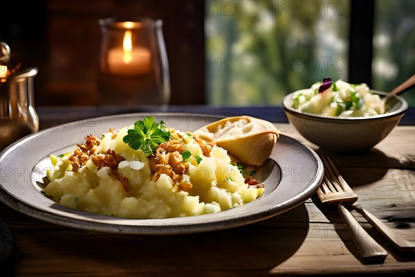 Rustic table with Maultaschen, garnished with crispy onions and a potato salad, AI generated, AI generated