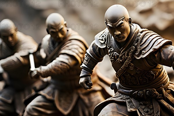Shaolin warriors carved into stone locked in an epic battle, AI generated