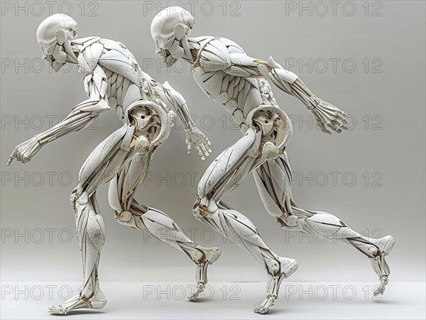 Two human skeletons in dynamic running pose in front of a white background, AI generated, AI generated, AI generated